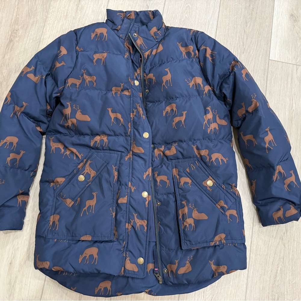 BODEN - Women's Blue Down Puffer Deer Print Jacket - Size 6